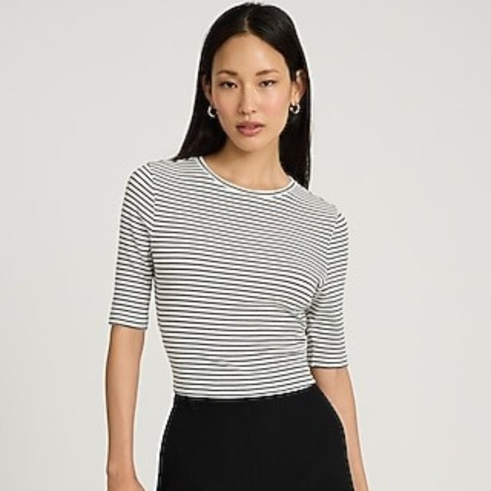 Fitted Ribbed Striped Crew Neck Elbow Sleeve Tee